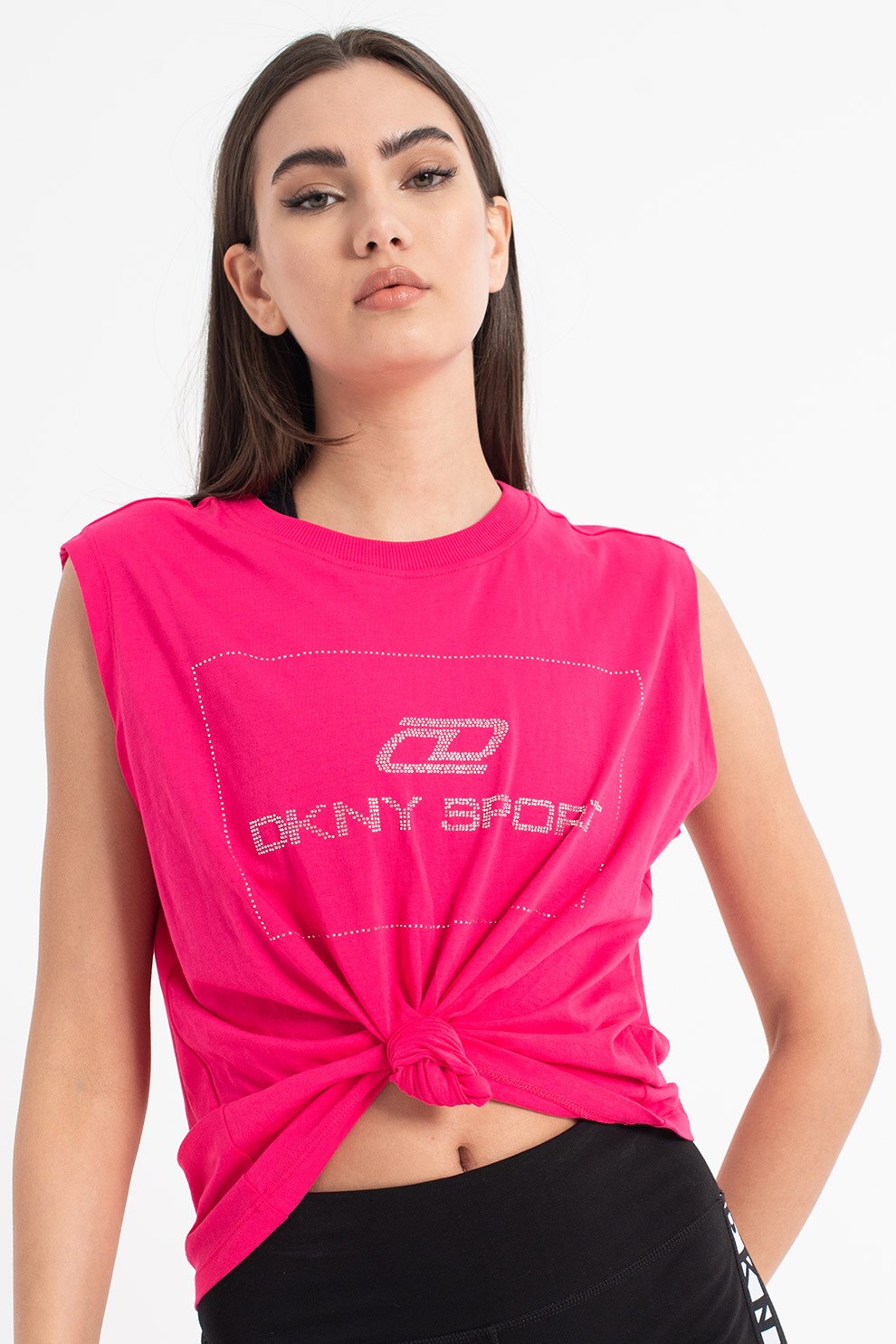 DKNY, Top de bumbac cu strasuri, pentru fitness, Fucsia