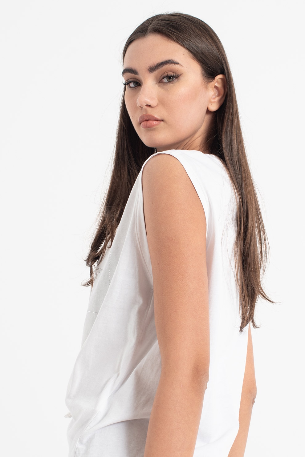 DKNY, Top de bumbac cu strasuri, pentru fitness, Alb/Argintiu