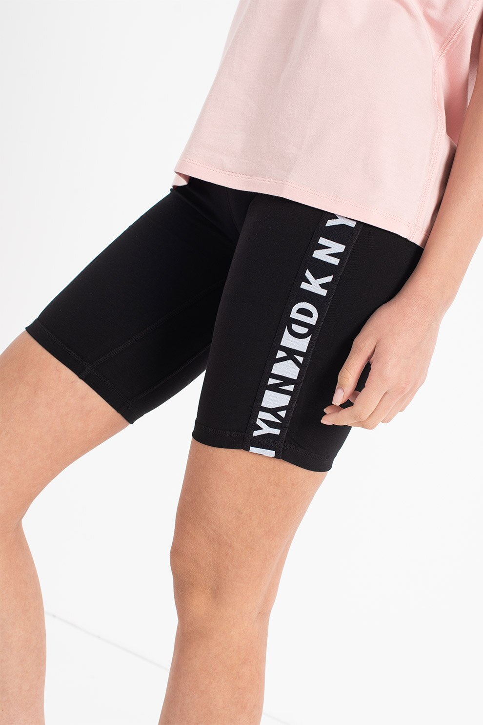 DKNY, Colanti scurti cu talie inalta si segmente cu logo, pentru fitness, Negru