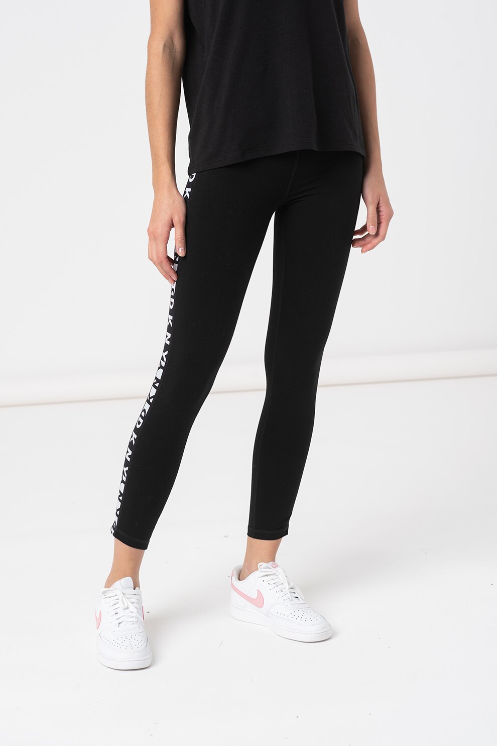 DKNY, Colanti cu benzi logo pentru fitness, Negru