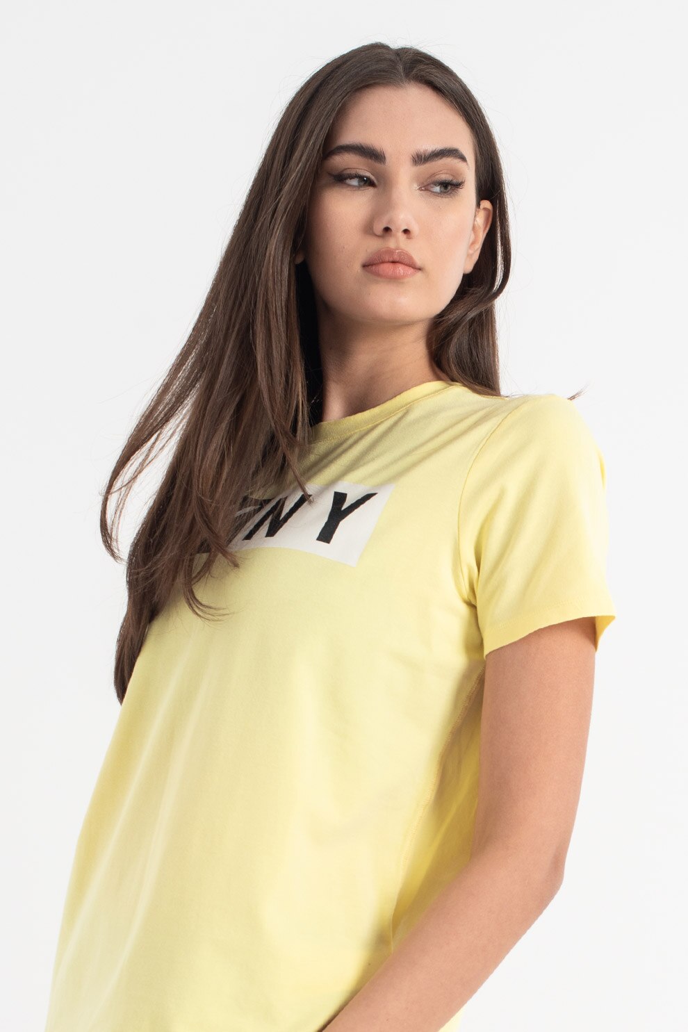 DKNY, Tricou din amestec de modal cu decolteu la baza gatului si logo contrastant, pentru fitness, Galben