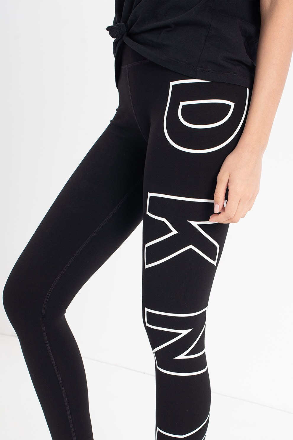 DKNY, Colanti crop cu talie inalta pentru antrenament, Negru/Alb