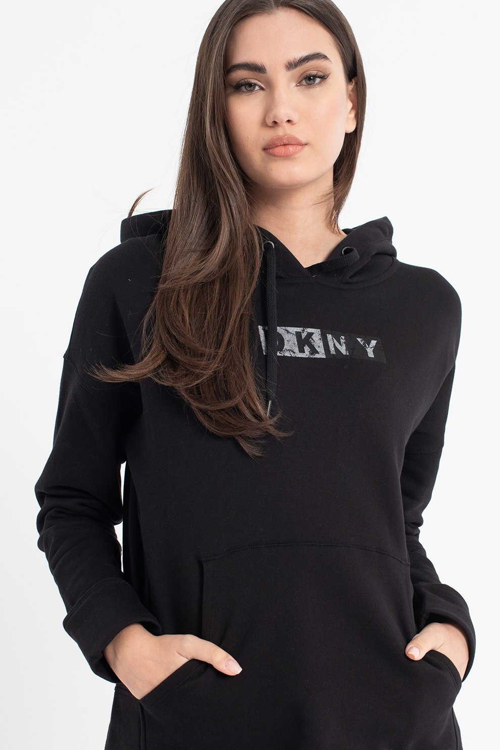 DKNY, Hanorac din bumbac cu imprimeu logo, pentru fitness, Negru
