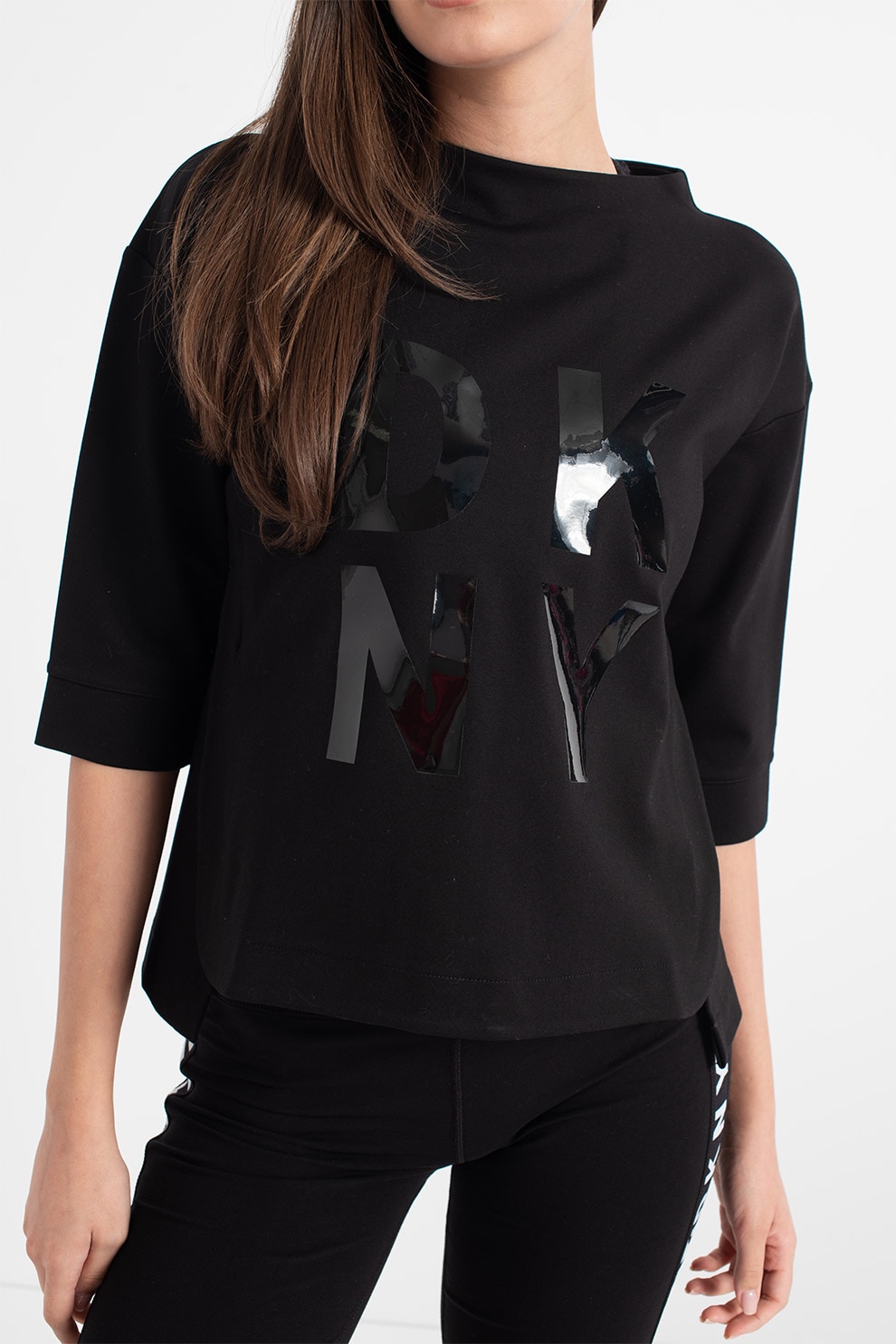DKNY, Bluza cu terminatie asimetrica, pentru fitness, Negru