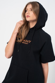 DKNY, Rochie tip hanorac scurt cu imprimeu logo pentru fitnes, Negru