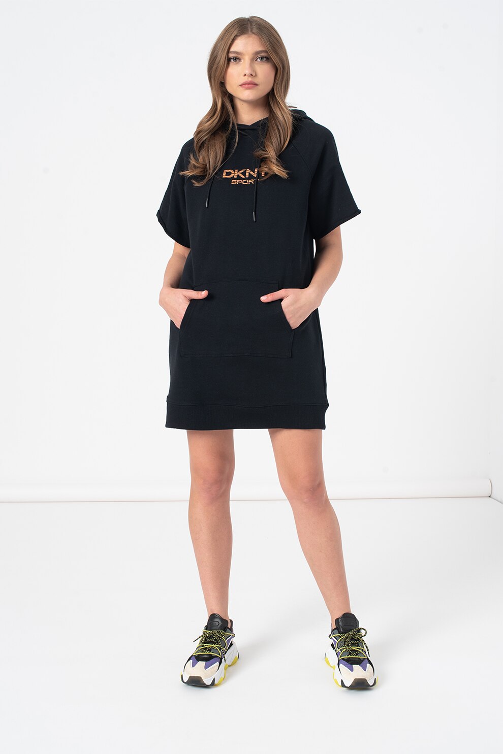 DKNY, Rochie tip hanorac scurt cu imprimeu logo, Negru