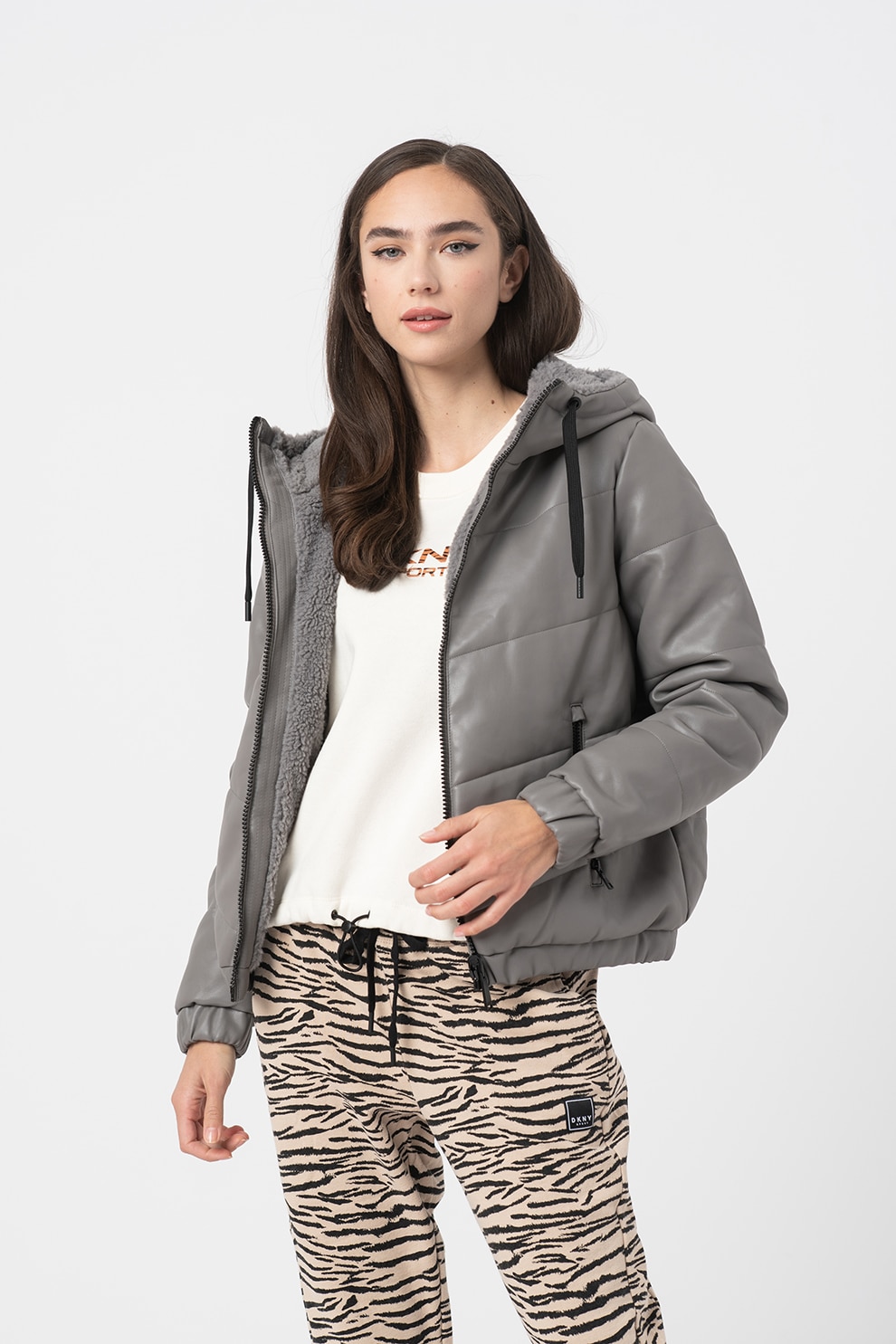 DKNY, Geaca reversibila de piele ecologica cu vatelina, Gri inchis