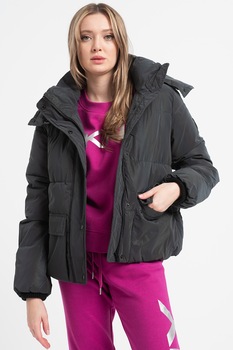 DKNY, Geaca cu gluga si logo, Gri inchis DKNY, Geaca cu gluga si logo, Gri inchis