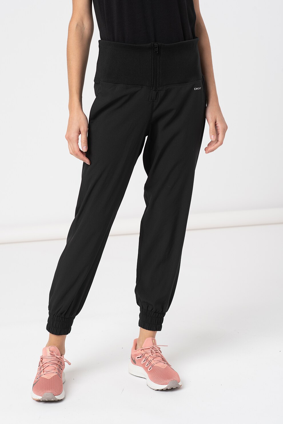 DKNY, Pantaloni sport conici cu fermoar, pentru fitness, Negru