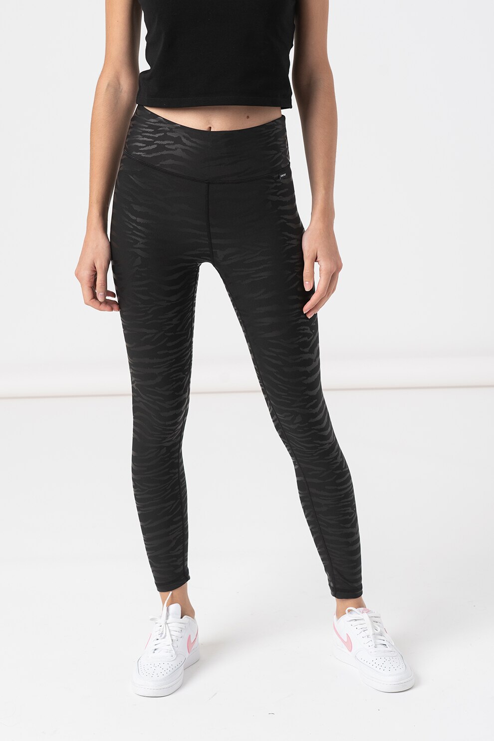 DKNY, Colanti crop cu imprimeu zebra pentru fitness, Negru