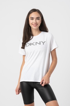DKNY, Tricou din amestec de modal cu imprimeu logo, pentru fitness, Alb