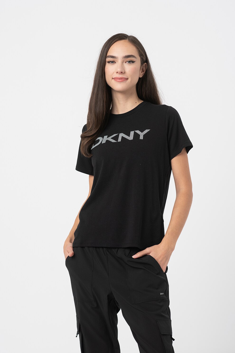 DKNY, Tricou din amestec de modal cu imprimeu logo, pentru fitness, Negru