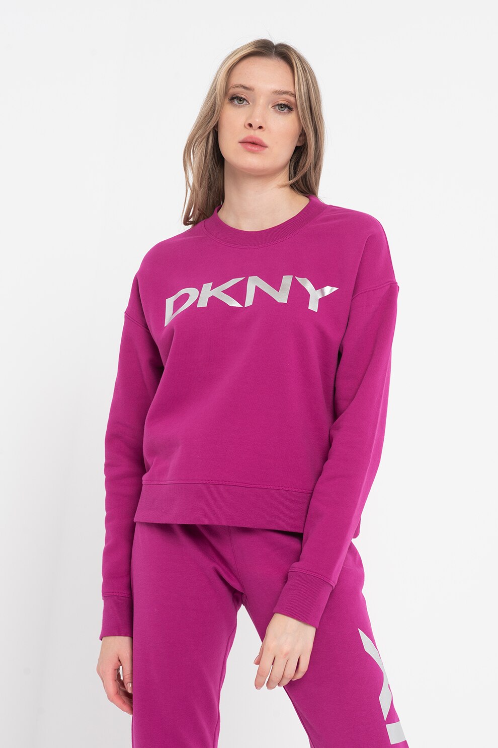 DKNY, Bluza sport cu decolteu la baza gatului si logo pentru antrenament Exploded, Roz fandango/argintiu
