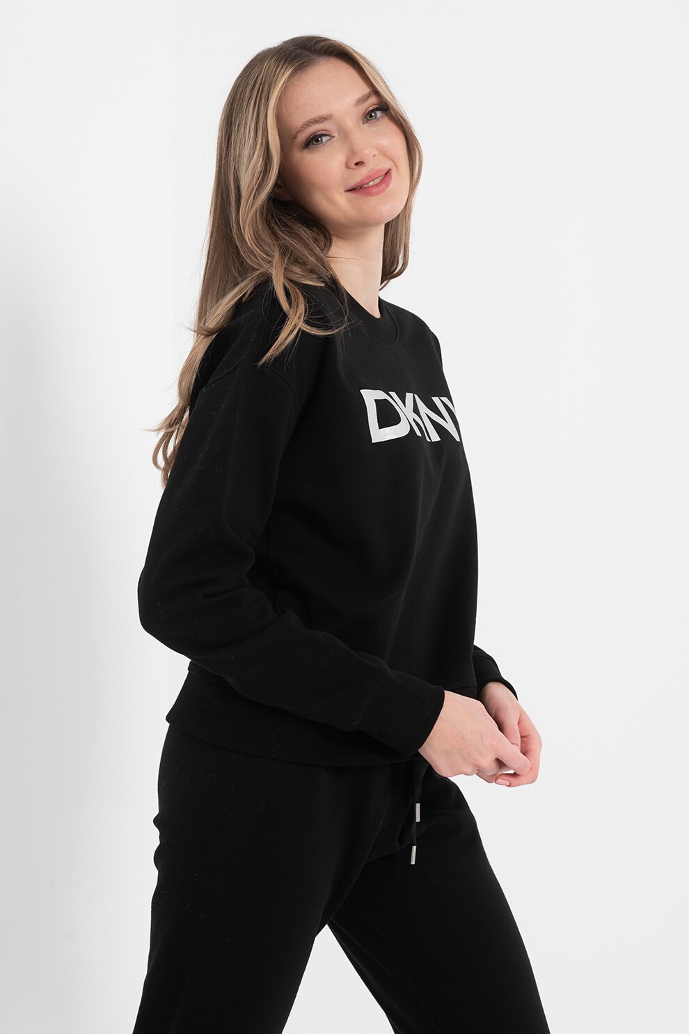 DKNY, Bluza sport cu decolteu la baza gatului si logo pentru antrenament Exploded, Negru/Argintiu