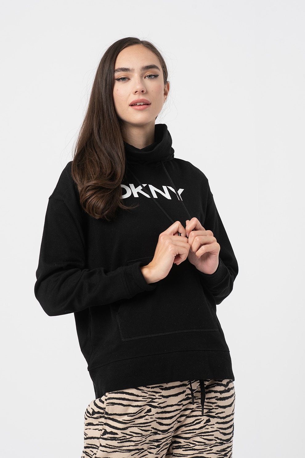 DKNY, Hanorac cu imprimeu logo, pentru fitness, Negru/Alb