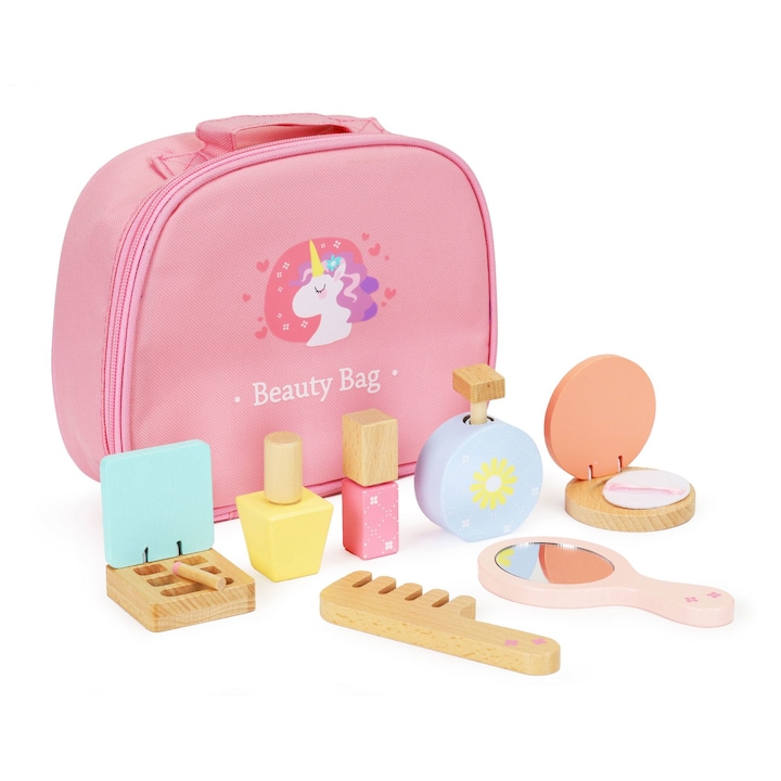 Set de Make-Up din lemn "LikeSmart Unicorn Beauty Bag" cu diverse accesorii, include Geanta Depozitare, Roz