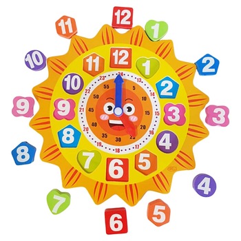 Ceas din lemn pentru copii, Puzzle Sunflower Clock cu forme geometrice, WD9558-B RCO® Ceas din lemn pentru copii, Puzzle Sunflower Clock cu forme geometrice, WD9558-B RCO®