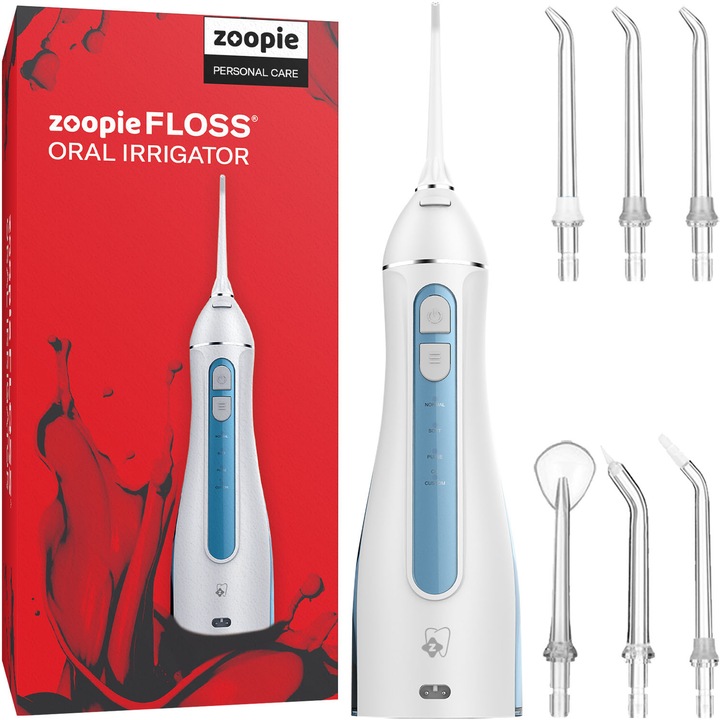 Irigator Bucal tip Dus Bucal Portabil, Zoopie® FLOSS, Oral, Gura, 1400 pulsatii/min, 4 Programe, 8 Viteze, Personalizare Pulsatii, Rezervor 200ml, 6 Duze incluse, Protectie supraincalzire, Materiale non-toxice, Alb