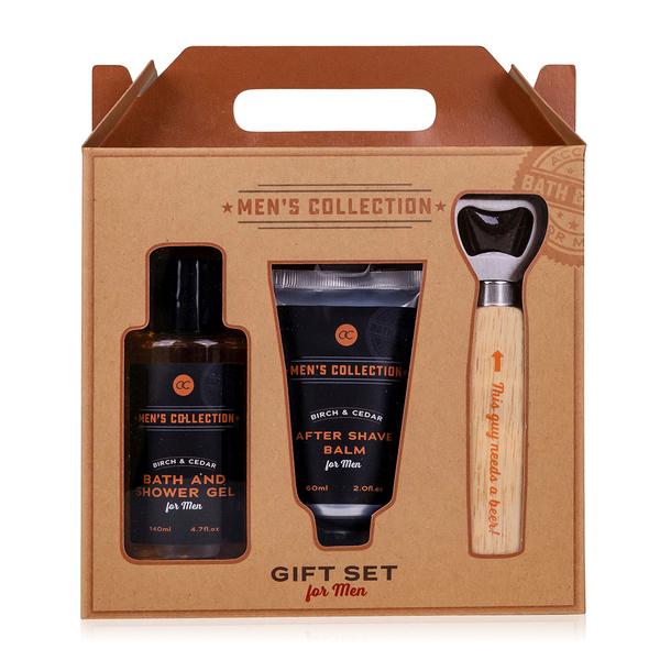Set barbati MEN'S COLLECTION in cutie hartie kraft, Gel de dus 140ml, After shave balsam 60ml, Deschizator sticla cu maner de lemn