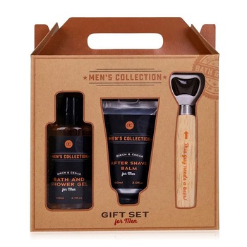 Set barbati MEN'S COLLECTION in cutie hartie kraft, Gel de dus 140ml, After shave balsam 60ml, Deschizator sticla cu maner de lemn Set barbati MEN'S COLLECTION in cutie hartie kraft, Gel de dus 140ml, After shave balsam 60ml, Deschizator sticla cu maner de lemn