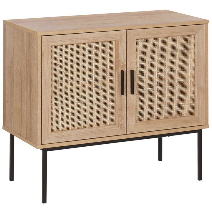 2 ajtós tálaló világos fa natúr rattan előlappal 72 x 80 cm fém lábú Boho stílusú fonott szekrény