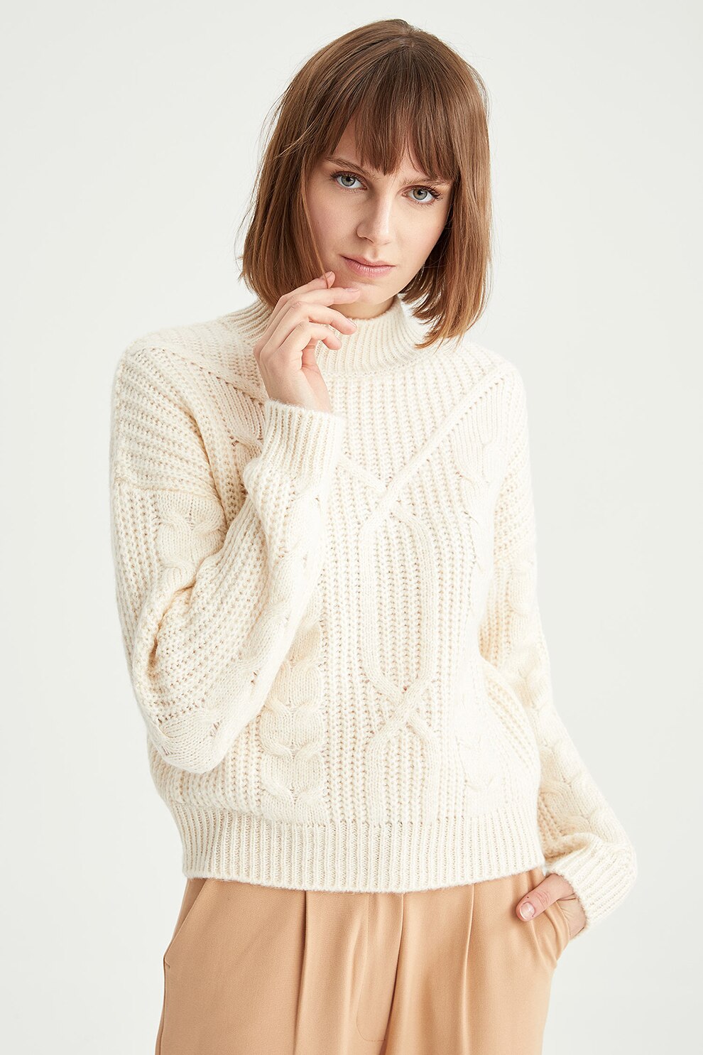 DeFacto, Pulover cu model torsade si maneci cazute, Crem, XL