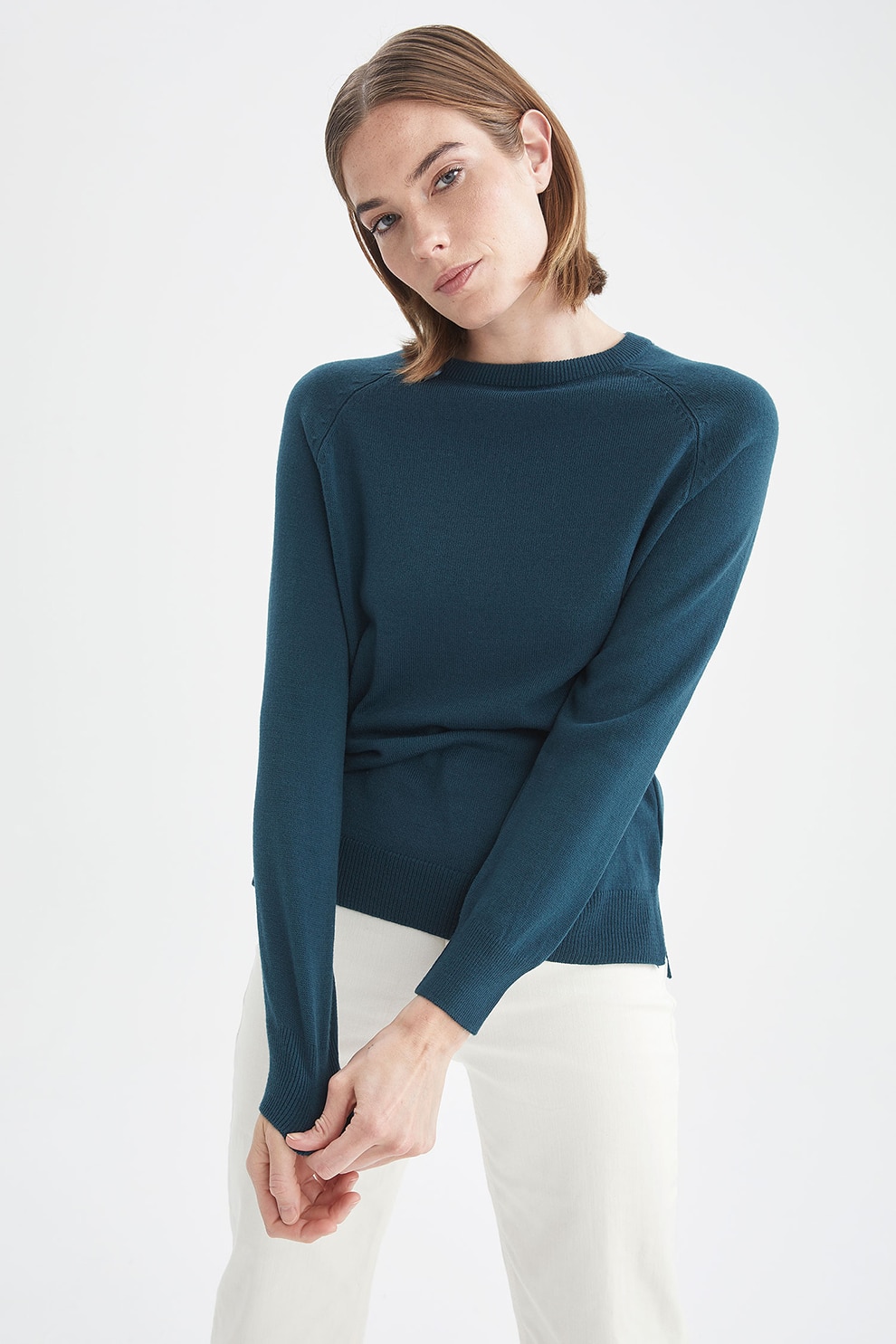 DeFacto, Pulover tricotat fin cu maneci raglan, Albastru petrol