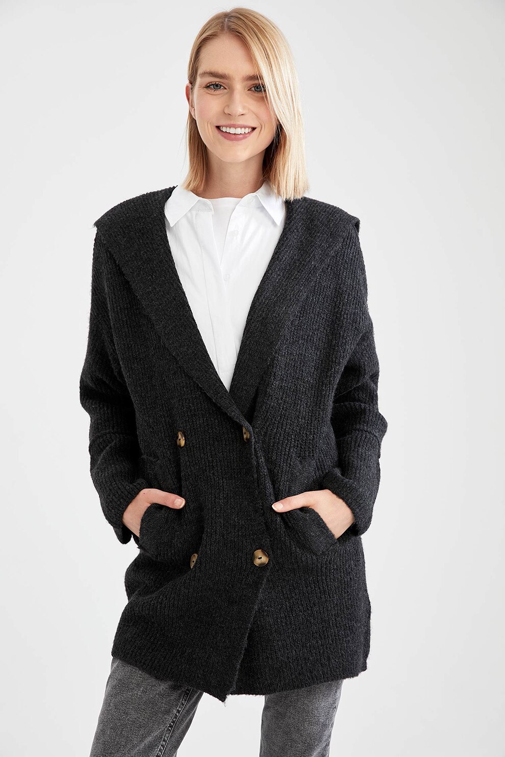 DeFacto, Cardigan cu doua randuri de nasturi si gluga, Gri antracit