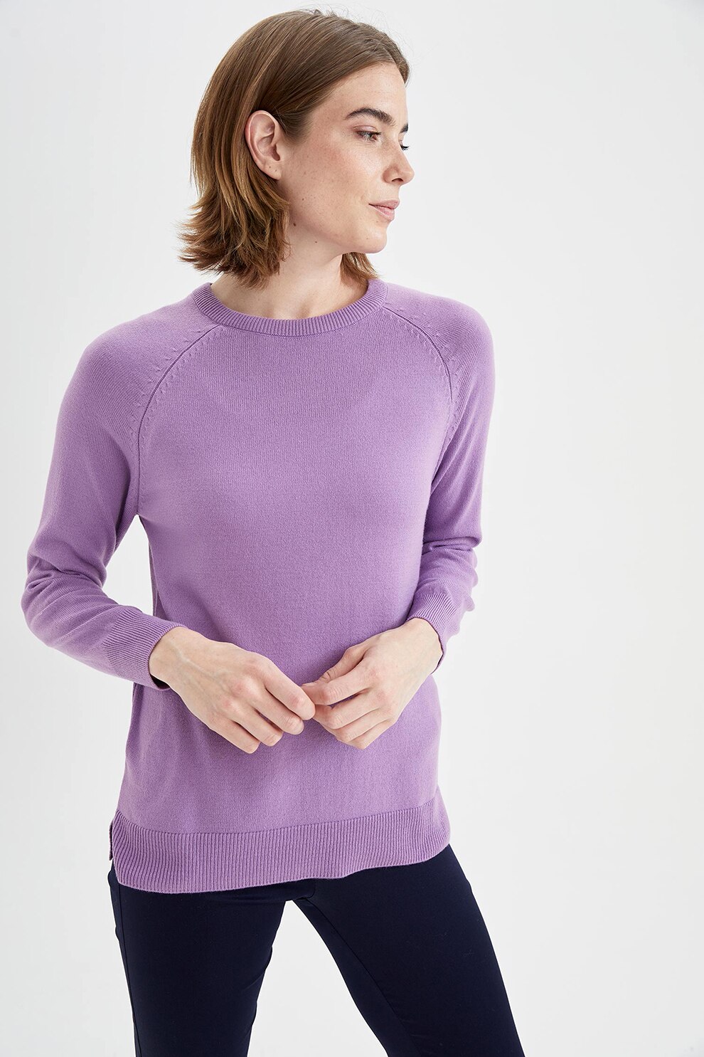 DeFacto, Pulover tricotat fin cu maneci raglan, Lila