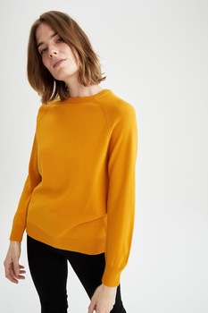 DeFacto, Pulover tricotat fin cu maneci raglan, Galben sofran DeFacto, Pulover tricotat fin cu maneci raglan, Galben sofran