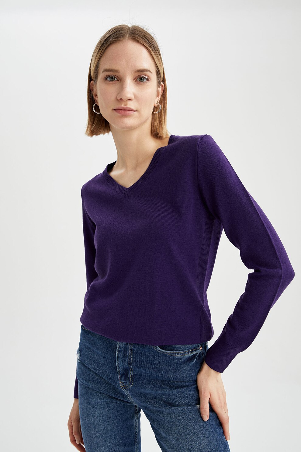 DeFacto, Pulover tricotat fin cu decolteu in V, Indigo