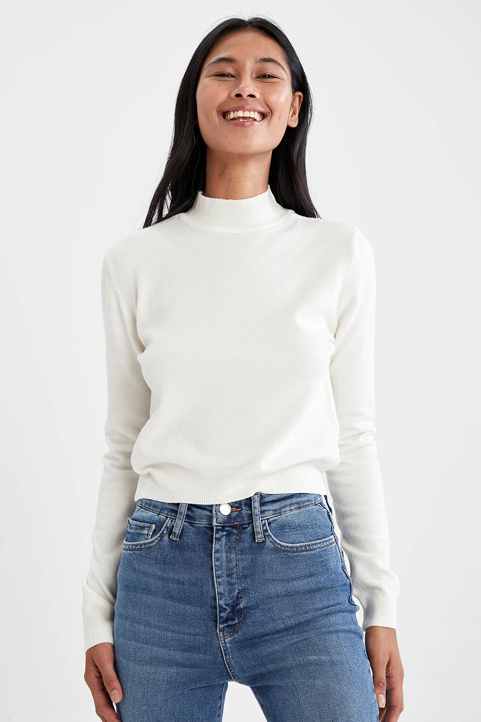 DeFacto, Pulover slim fit cu guler scurt, Alb