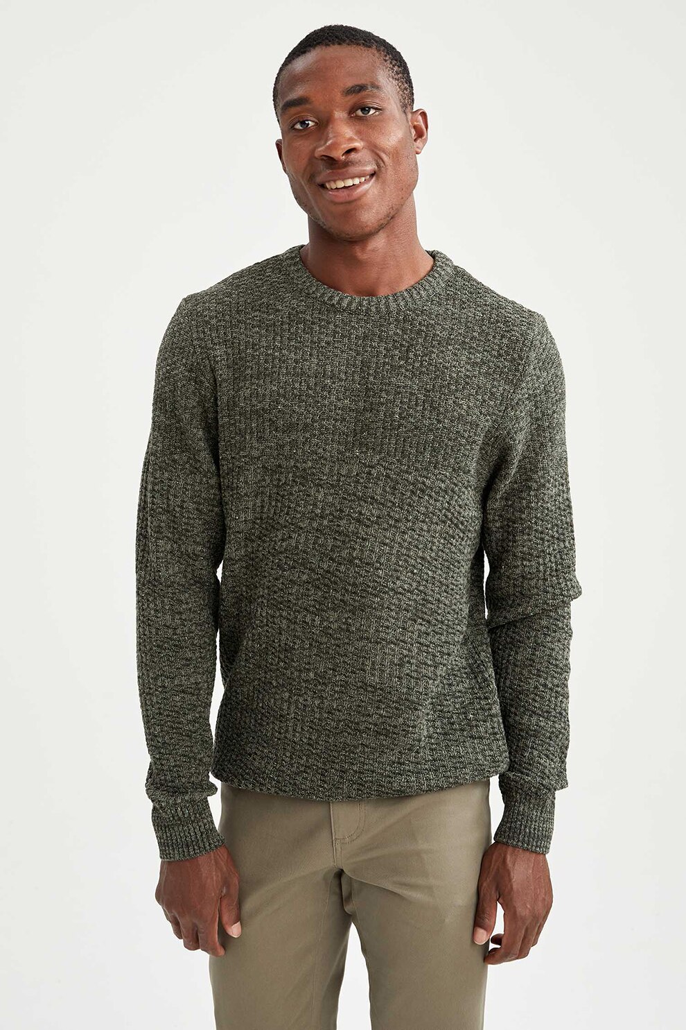 DeFacto, Pulover slim fit tricotat fin, Verde forest