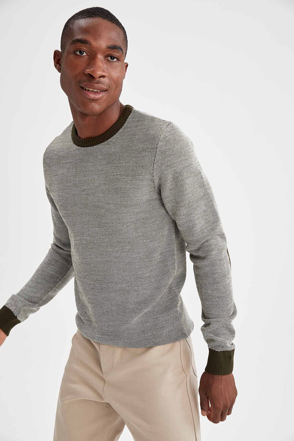 DeFacto, Pulover slim fit cu aplicatii pe coate, Verde pal