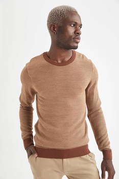 DeFacto, Pulover slim fit cu aplicatii pe coate, Maro DeFacto, Pulover slim fit cu aplicatii pe coate, Maro