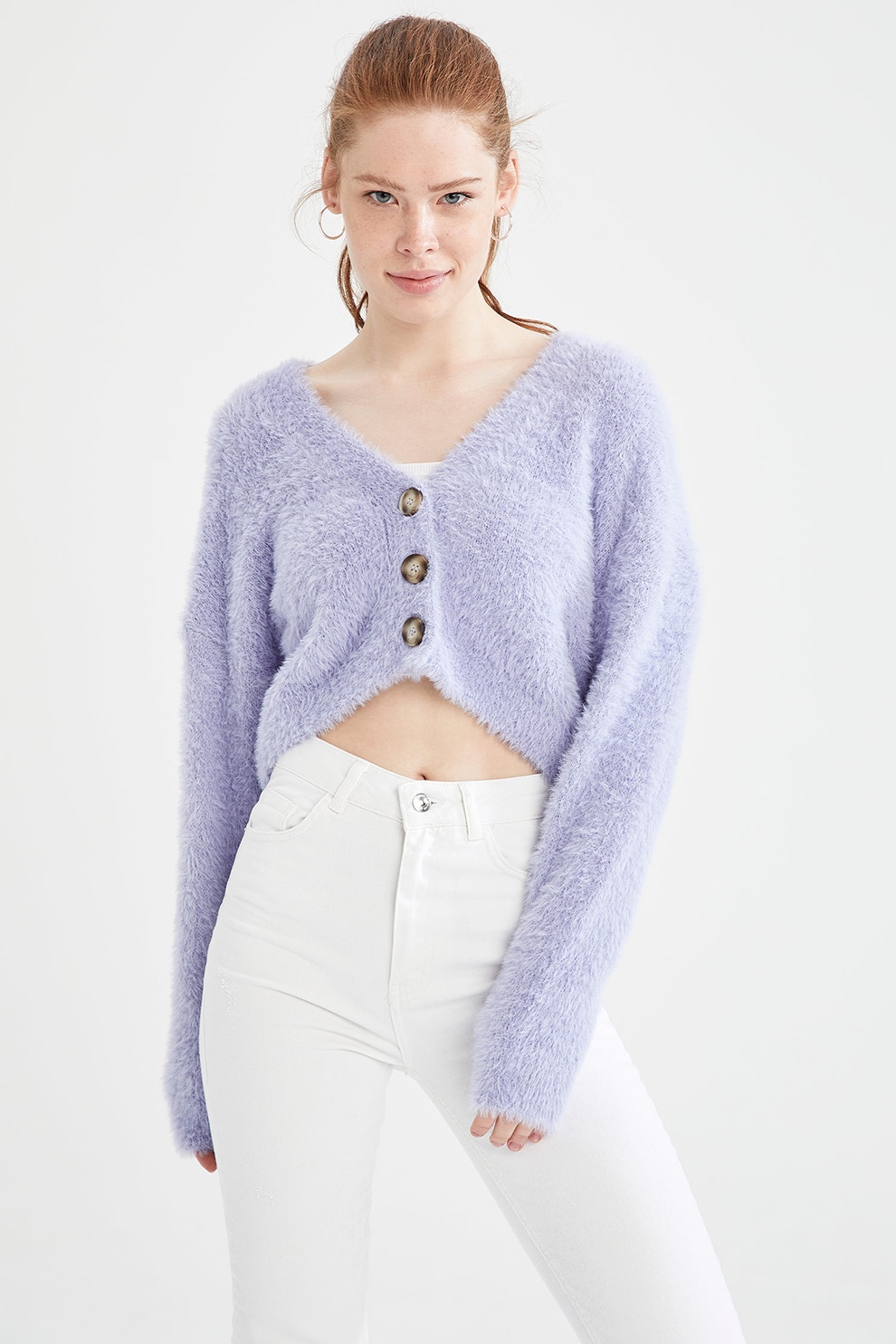 DeFacto, Cardigan crop cu decolteu in V si aspect pufos, Lila