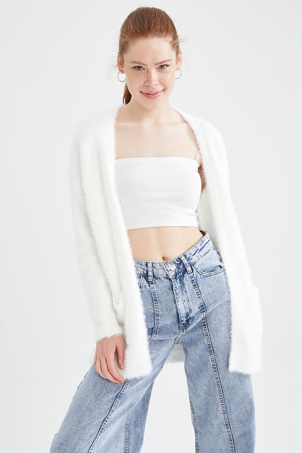 DeFacto, Cardigan cu buzunare frontale, Alb