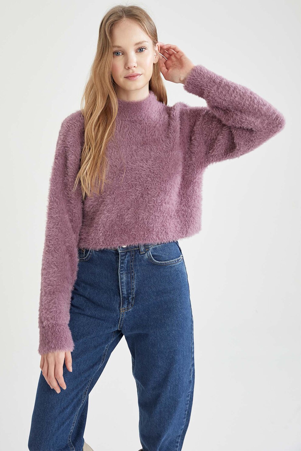 DeFacto, Pulover cu decolteu la baza gatului si aspect pufos, Violet prafuit