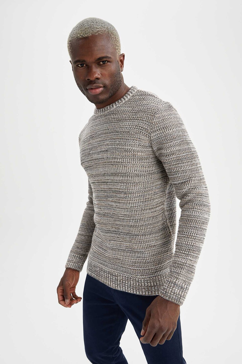 DeFacto, Pulover slim fit cu decolteu la baza gatului, Gri deschis melange