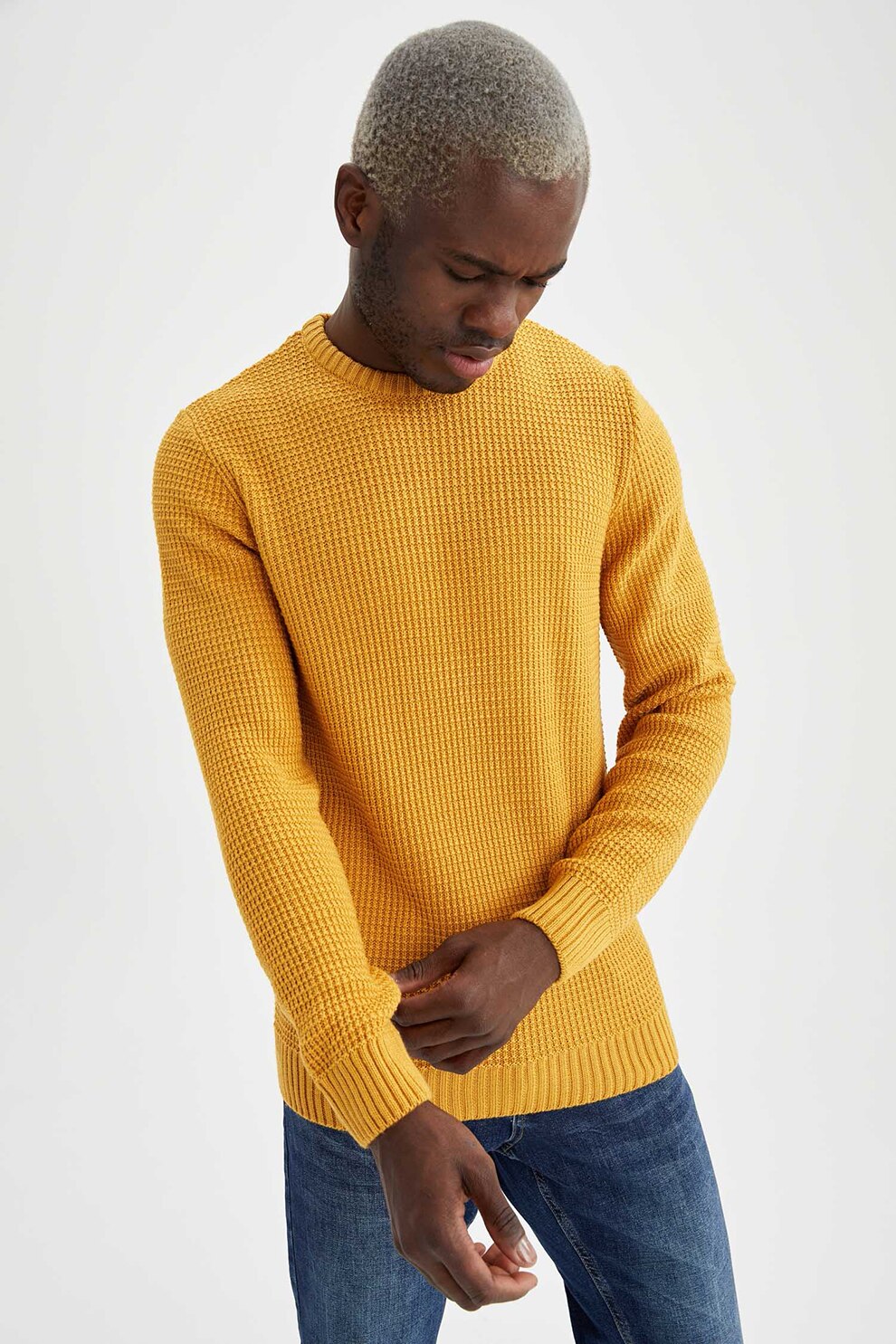 DeFacto, Pulover slim fit cu decolteu la baza gatului, Galben