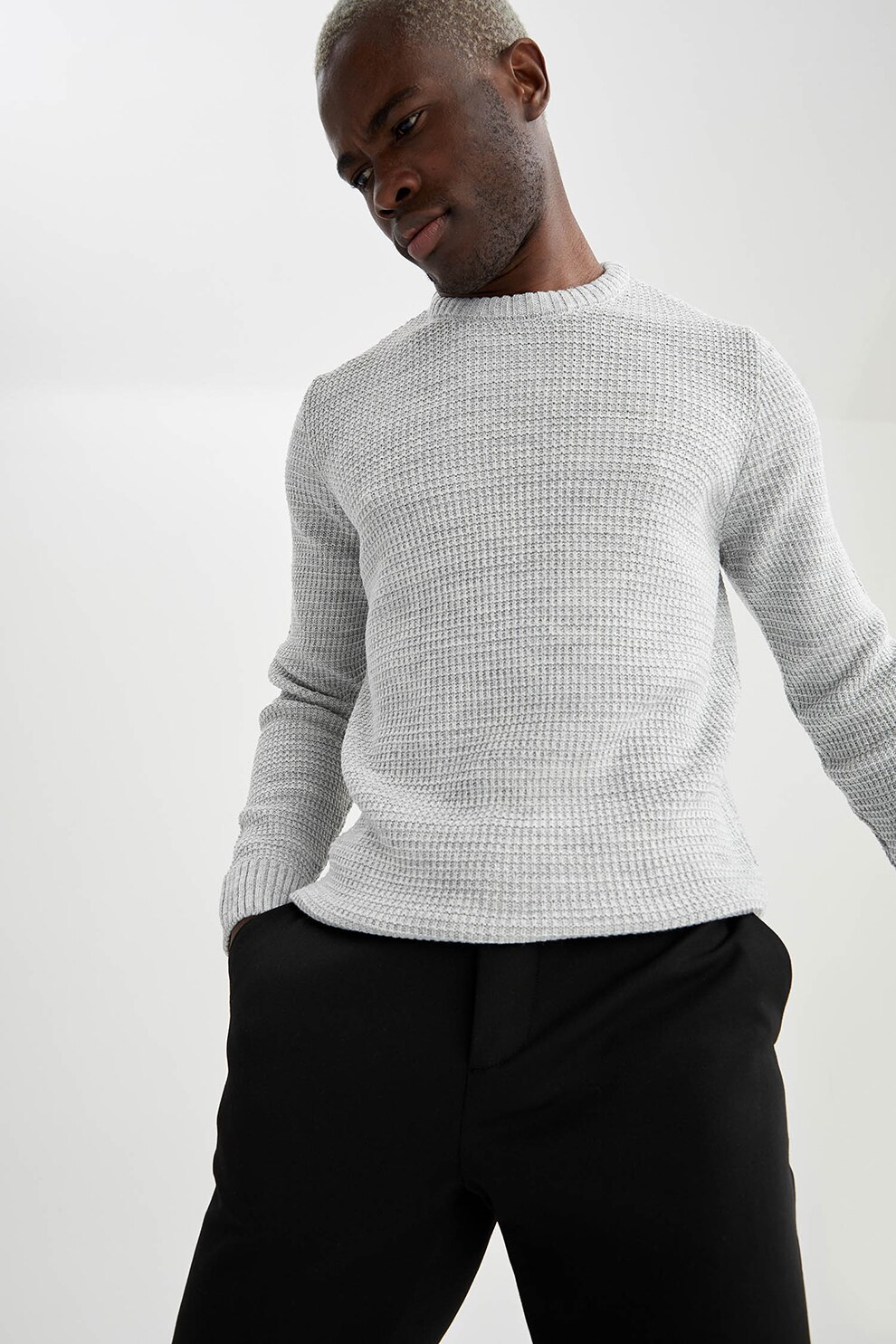 DeFacto, Pulover slim fit cu decolteu la baza gatului, Gri cenusa