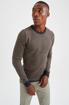 DeFacto, Pulover slim fit cu aplicatii pe coate, Taupe DeFacto, Pulover slim fit cu aplicatii pe coate, Taupe