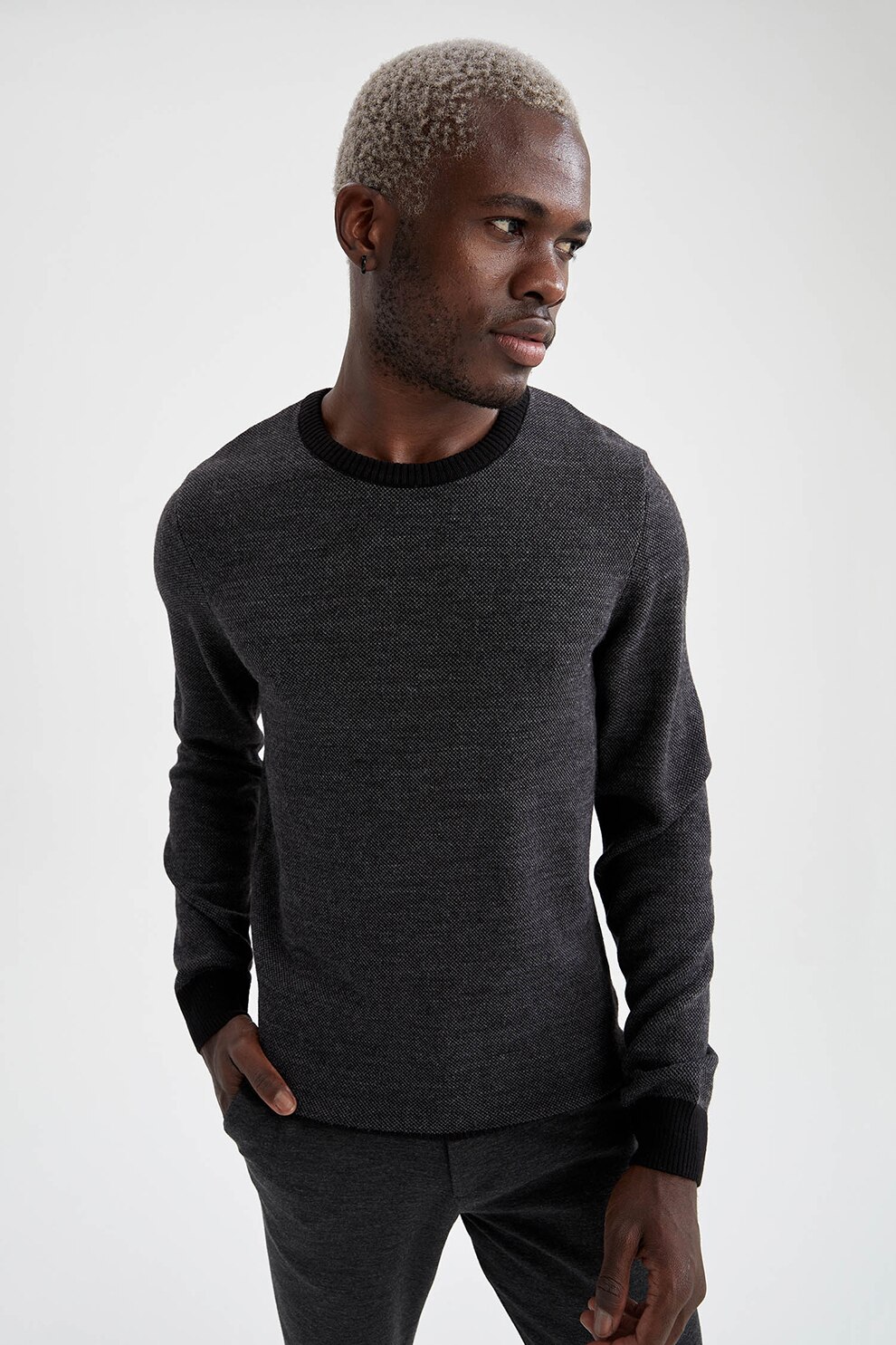 DeFacto, Pulover slim fit cu aplicatii pe coate, Gri antracit