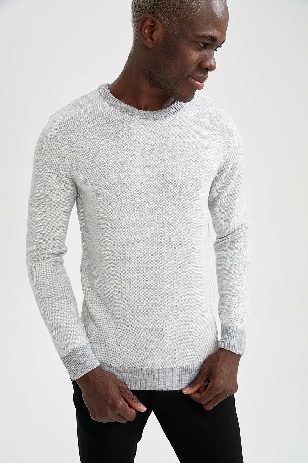 DeFacto, Pulover slim fit cu aplicatii pe coate, Gri deschis