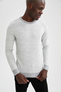 DeFacto, Pulover slim fit cu aplicatii pe coate, Gri deschis DeFacto, Pulover slim fit cu aplicatii pe coate, Gri deschis