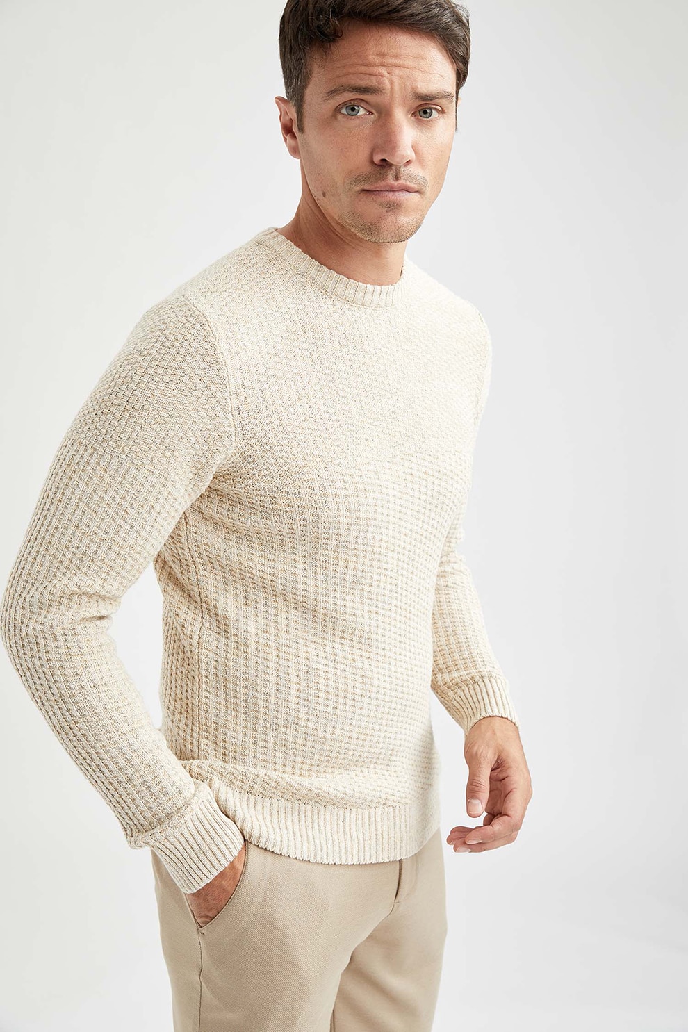 DeFacto, Pulover slim fit tricotat fin, Bej