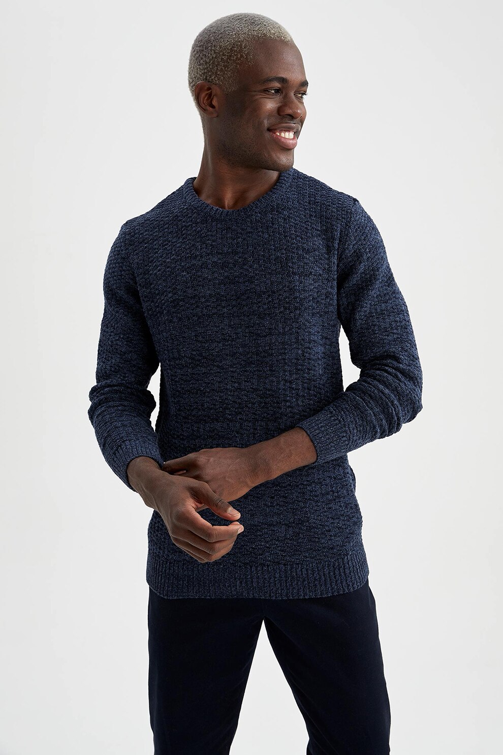 DeFacto, Pulover slim fit tricotat fin, Bleumarin