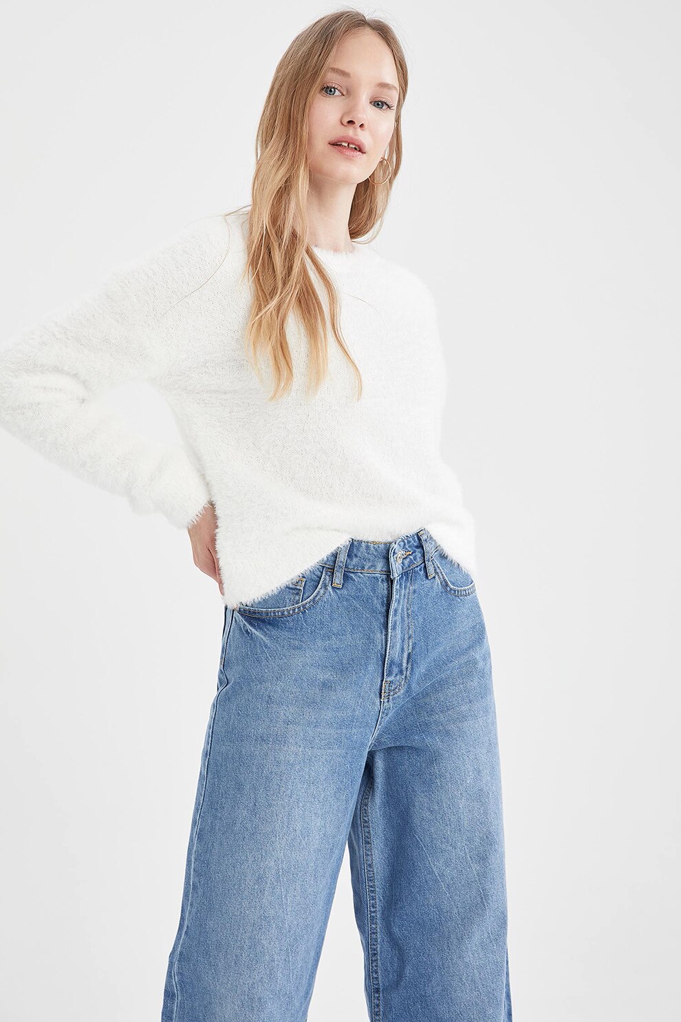 DeFacto, Pulover cu decolteu rotund, Alb