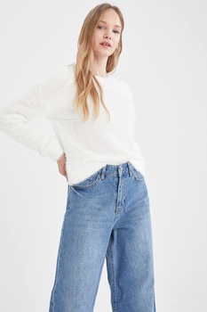 DeFacto, Pulover cu decolteu rotund, Alb DeFacto, Pulover cu decolteu rotund, Alb