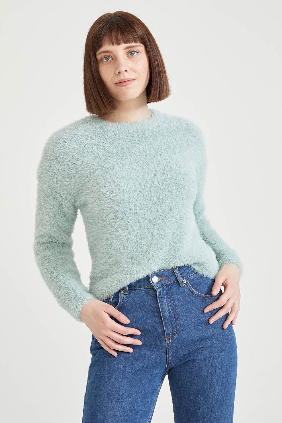 DeFacto, Pulover cu decolteu rotund, Verde menta